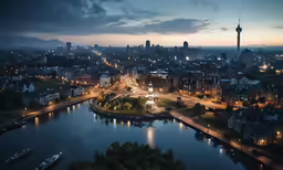 a photo of a city with buildings, water, and boats