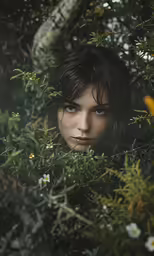 a woman is hiding behind some bushes