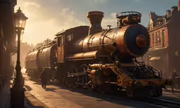 an old style train is pulling into the train station,an old train driving down the street at sunrise