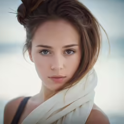 an image of a woman with a dress shirt and hair in a bun
