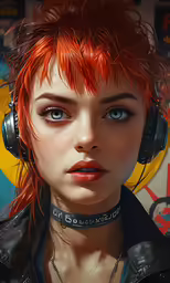 an animated girl with headphones on her ear
