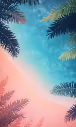 this is an oil painting of tropical trees on a beach