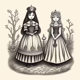 the three queens of snow queen are dressed up in period dresses,two women in dress and a tiara