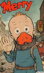 a cartoon character with an orange beak in front of a red fire hydrant
