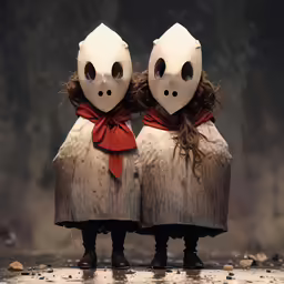 two wooden dolls with faces on them stand close together