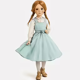 a doll in a blue dress and long sleeves is standing with her hand on her hip