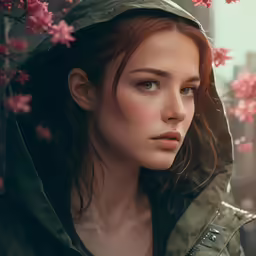 a close - up of a woman in a parka surrounded by cherry blossom