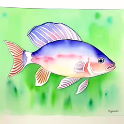 a drawing of a blue fish on a green background,a painting of a fish on green paper