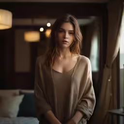 a woman is standing next to a bed in her apartment
