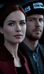 two people standing next to each other looking forward