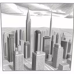 a drawing of a skyscraper in a city,a pencil drawing of some skyscrapers and clouds