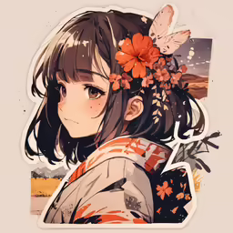 an anime girl with long hair and red flowers on her head