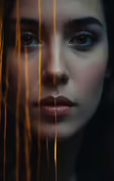 the girl with all dark eyes is seen through spaghetti