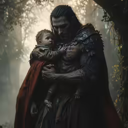 a young child in costume and a man in armor standing in the woods