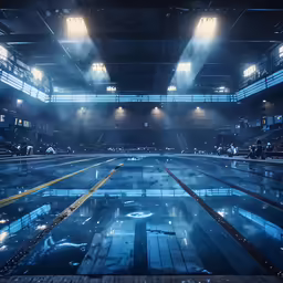 an empty swimming pool with people in the light