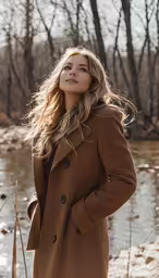 a woman posing next to a lake in a brown coat