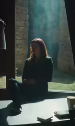 the woman is sitting on the table talking on the phone