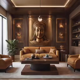 the brown furniture sits in front of the large painting