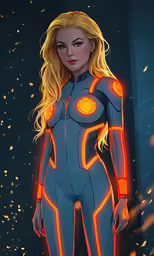 a drawing of a woman in grey with neon lights