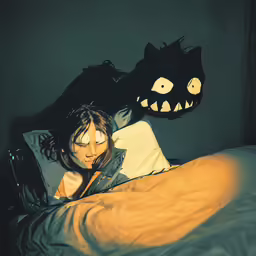 the girl is looking at the cat head in her bed