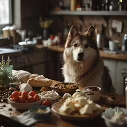 a dog stands at the kitchen table filled with food