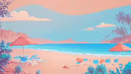 a beach scene with a painting of umbrellas and beach chairs,a painting of some beach chairs and umbrellas
