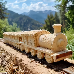 toy train on railroad tracks with mountains in background