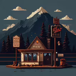 a motel building with various signs and lights