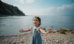 a little girl standing on top of rocks near water