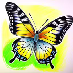 a drawing of a butterfly is shown on the table,the painting is done with colored pastel on paper,a drawing of a yellow and black butterfly,a very pretty drawing of a yellow and blue butterfly,a drawing of a yellow butterfly sitting on green grass