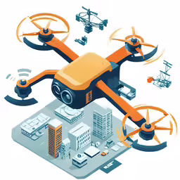 a small orange and black flying over buildings