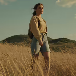 a woman is standing in tall grass wearing high - rise shorts