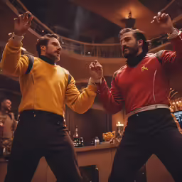 a pair of men in action dance together