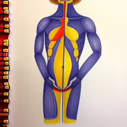 a drawing of a woman showing her shape,a colorful drawing with an orange and yellow head