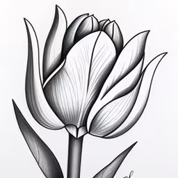 an abstract art work depicting flowers,the image of a flower with leaves drawn on it,an ink drawing of a flower,a drawing of flowers on a white background,a drawing of a flower with green stems