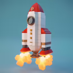 the lego model rocket has a blue background