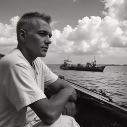 a man is sitting in the boat and there is a vessel in the water behind him