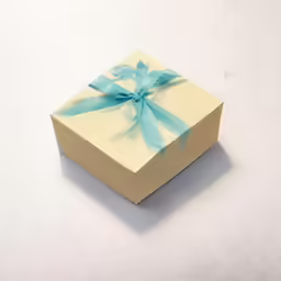a small gift box with a blue bow tied to it