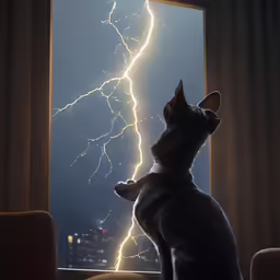a dog watching a large bolt in the dark night sky