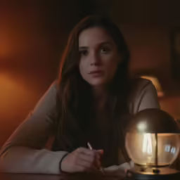 a pretty girl sitting at a desk next to a lamp