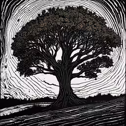 a black and white image of a tree and stars,a tree with wavy lines on it