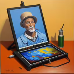 a drawing tablet and brush on an orange surface