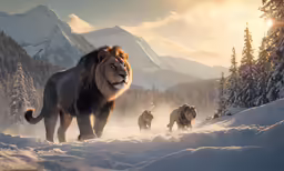 the majestic lion is walking through the snow