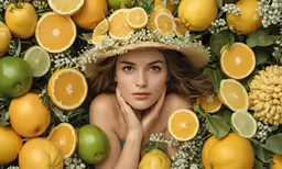the woman is surrounded by fruits and vegetables