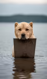 a large dog is in the water with its head over the edge