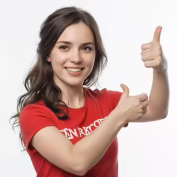 woman in red shirt holding a thumb up