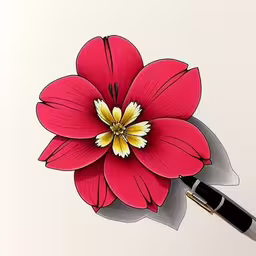 a pen sitting on top of paper with a drawing of a flower,a drawing of a large red flower on a white sheet,a flower is sitting on top of a piece of paper,a large red flower with some yellow center in a white background,a red flower is painted on a piece of paper