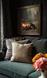 a green couch sitting next to a picture of a elk