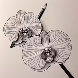 two white flowers with black outline in a pencil drawing,a black and white drawing of two orchids on a light background