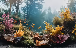 a display of colorful leaves and flowers on a table